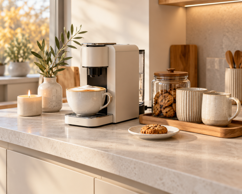 Gemütliche Kaffee Ecke in einer hellen modernen Küche mit Kaffeemaschine, Keramiktassen, Keksglas und Kerze.
