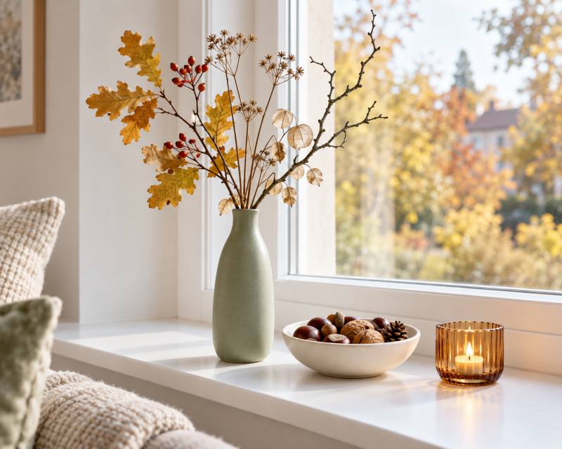 Herbstzweige in einer salbeigrünen Vase mit Schale voller Kastanien, Eicheln, Nüsse und Zapfen