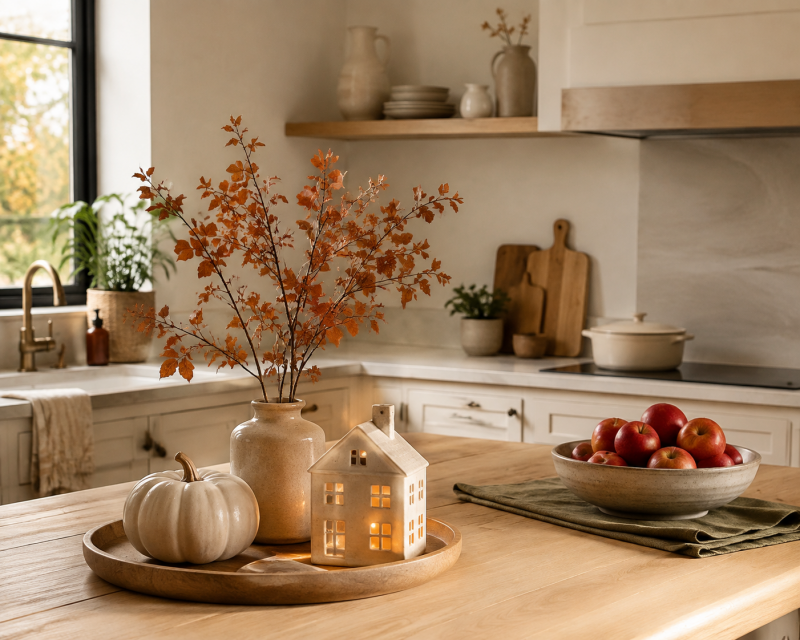 Herbstlich dekorierte Küche mit Lichthaus, Keramikkürbis, Herbstzweigen und einer Schale mit Äpfeln