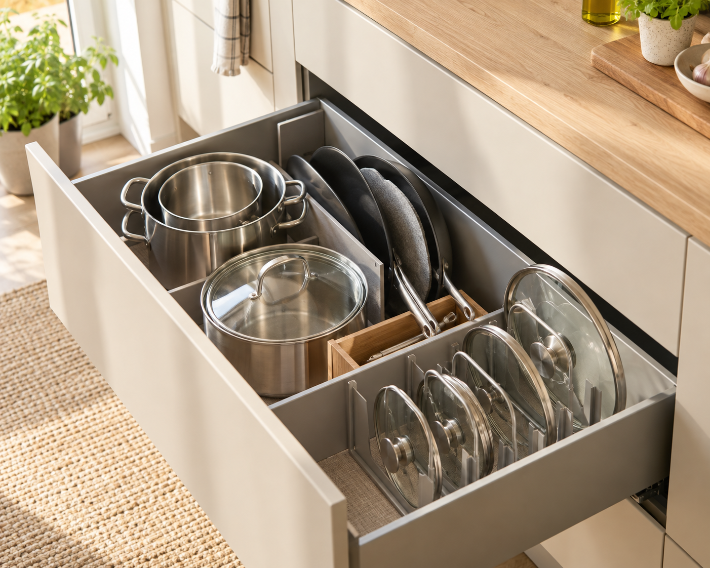 Organisierter Küchenauszug mit Töpfen, Pfannen und senkrecht einsortierten Topfdeckeln in einer kleinen Küche.