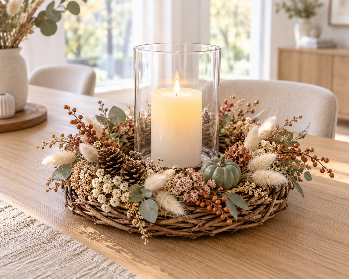 Moderner selbst gemachter Herbstkranz mit Kerzenglas, Trockenblumen, Beeren und kleinen Kürbissen
