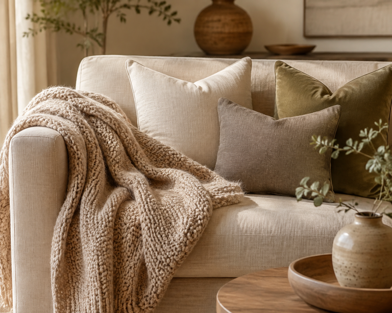 Grob gestrickte Kuscheldecke locker über einem beigen Sofa mit passenden Kissen drapiert