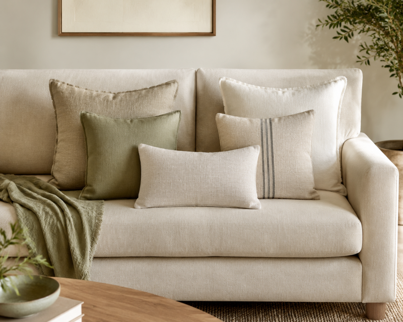 Unterschiedlich große Kissen in Creme, Beige und Grün stilvoll auf einem hellen Sofa angeordnet
