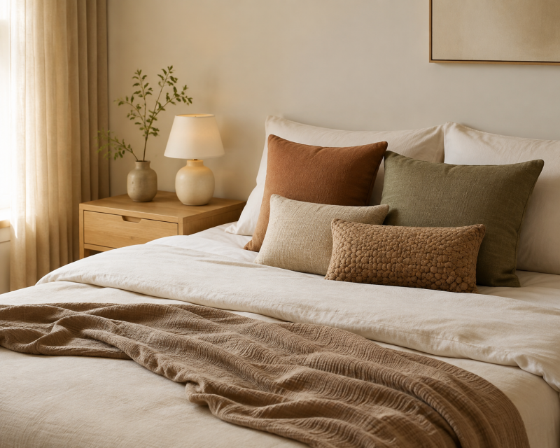 Dekorative Kissen und eine weiche Decke gemütlich auf einem modernen Bett arrangiert
