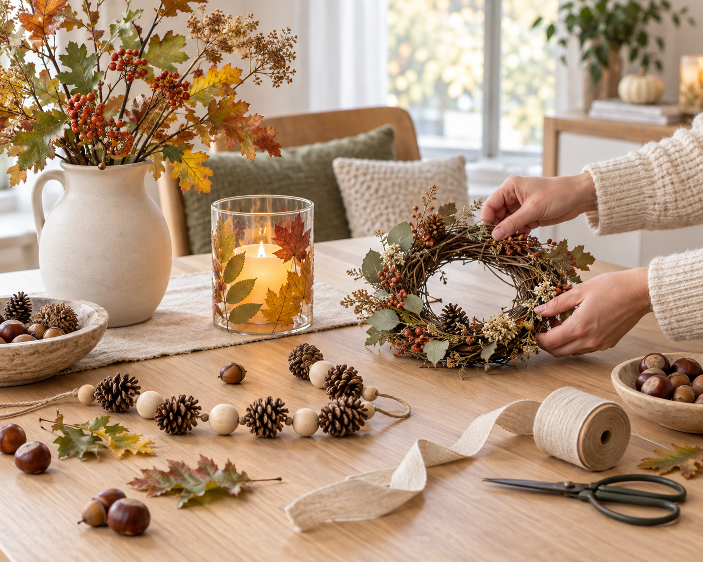 Herbstdeko selber machen mit Naturmaterialien wie Blättern, Zweigen, Zapfen und Kastanien