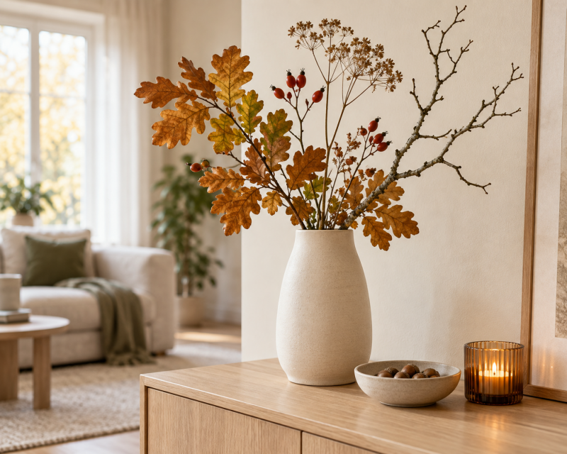 Helle Keramikvase mit herbstlichen Zweigen, Eichenblättern und Hagebutten