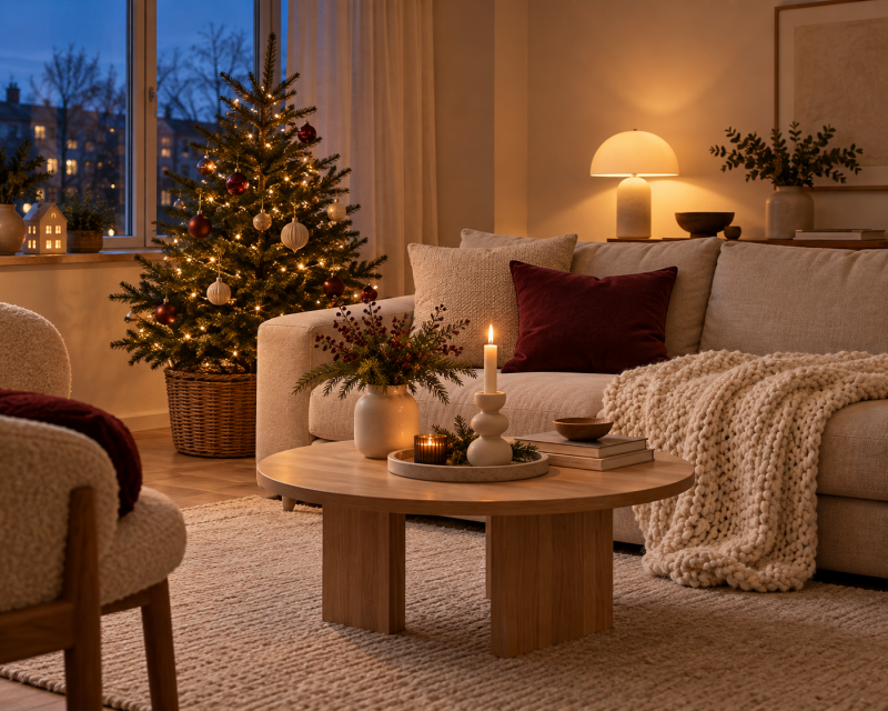 Kleines Wohnzimmer zu Weihnachten mit hellem Sofa, warmen Lichtern, kleinem Weihnachtsbaum, Kerzen, Kissen und kuscheliger Strickdecke.