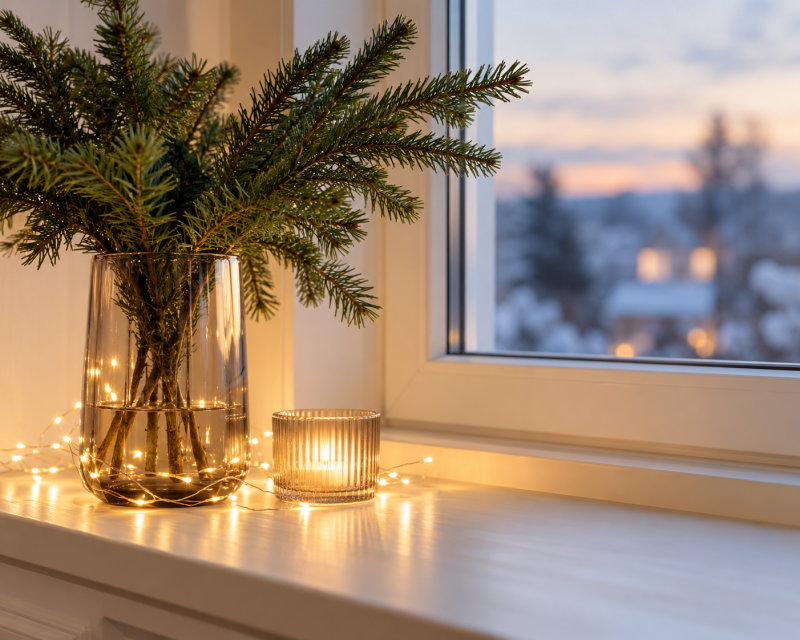 Tannenzweige in einer schlichten Glasvase mit feiner LED-Lichterkette und warm leuchtendem Riffelglas-Windlicht auf einer modernen Fensterbank.