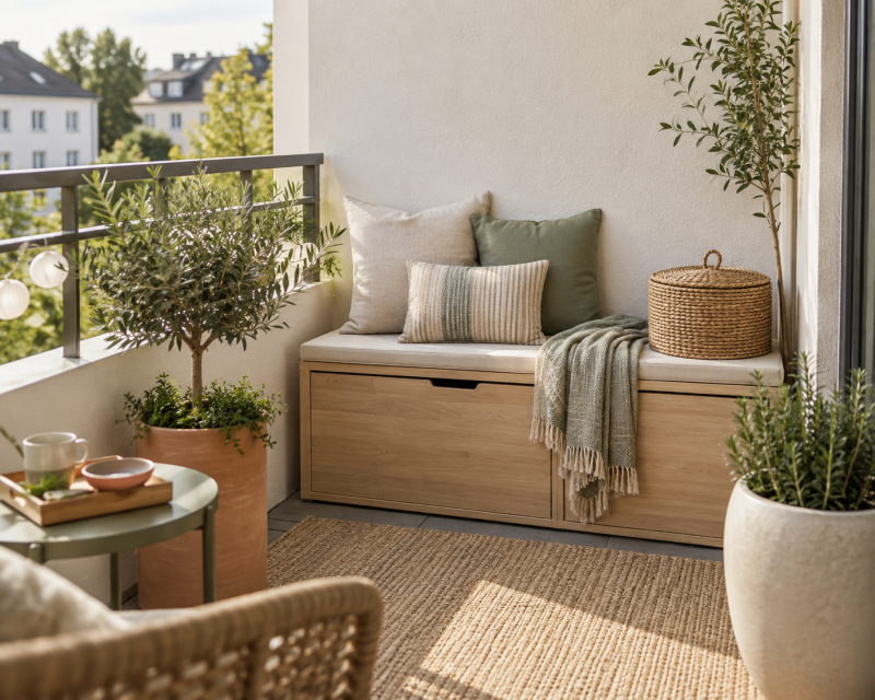 Heller kleiner Balkon mit Sitzbank, integriertem Stauraum und Textilien in Beige und Salbeigrün