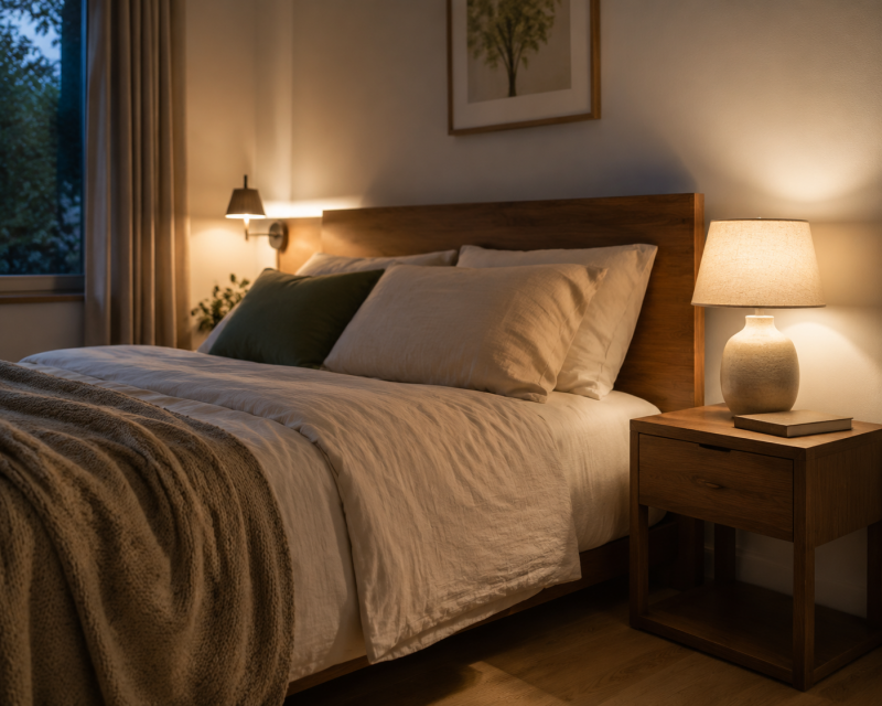 Gemütlicher Schlafbereich mit warm leuchtender Nachttischlampe und indirekter Wandbeleuchtung