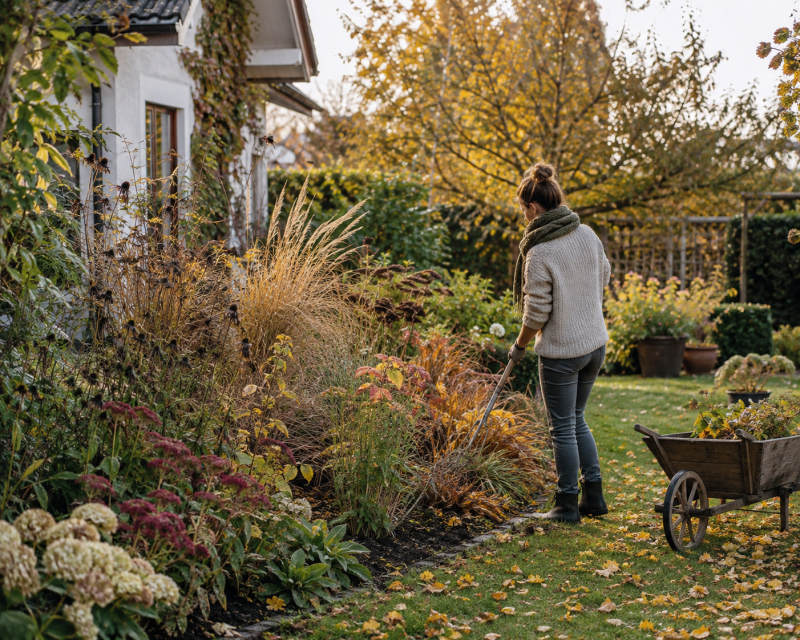Frau bereitet einen naturnahen Garten mit Stauden und Gräsern im Herbst auf den Winter vor Bild 2 – Herbstlaub als Winterschutz