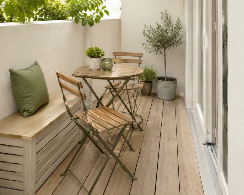 Kleine Terrasse mit schmaler Sitzbank, rundem Klapptisch und platzsparenden Klappstühlen