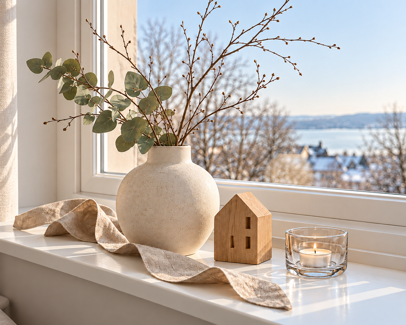 Ruhige Fensterbank in Beige und Naturtönen mit Keramikvase, Zweigen, Eukalyptus, kleinem Holzhaus, Glaswindlicht und Leinenband.