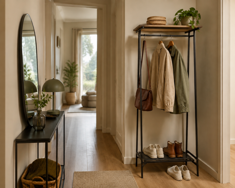 Garderobe ohne Bohren mit freistehendem Kleiderständer, Schuhablage und Spiegel in einem kleinen Flur