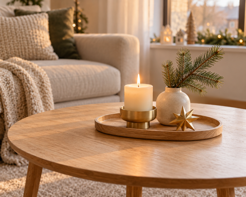 Kleiner runder Holztisch mit schlichtem Tablett, Kerze, Tannenzweig und goldenem Stern in einem gemütlichen Wohnzimmer.