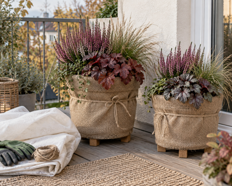 Herbstliche Pflanzkübel mit Jute und Holzfüßen vor Frost geschützt