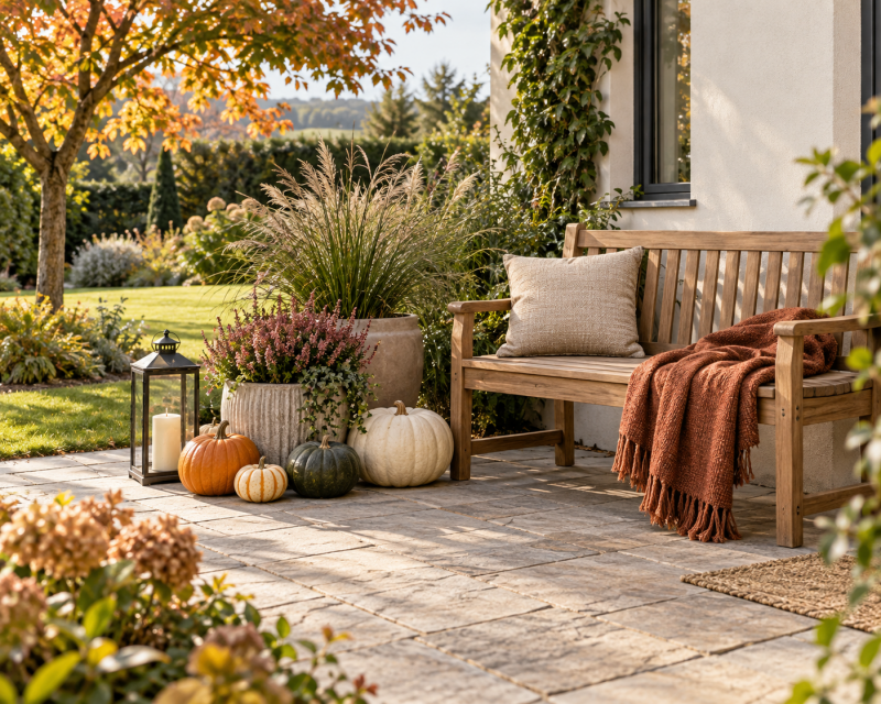 Garten im Herbst dekorieren mit Kürbissen, Pflanzen, Laterne und gemütlicher Gartenbank