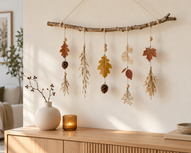 Selbst gemachter herbstlicher Wandanhänger aus einem Ast, Blättern, Zapfen und Holzperlen
