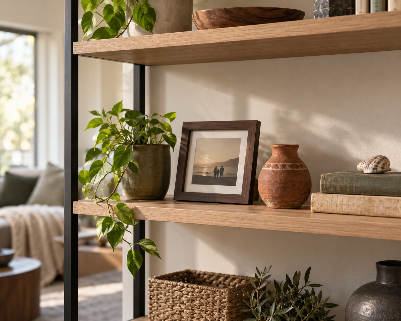 Persönlich dekoriertes Regal mit Familienfoto, Pflanze, Terrakottavase, Büchern und einem kleinen Erinnerungsstück.