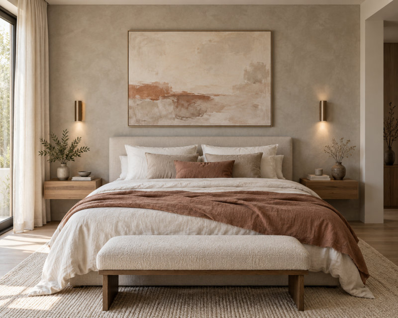 Modernes Schlafzimmer mit warmer Akzentwand, großem abstraktem Bild und symmetrischen Wandleuchten hinter dem Bett