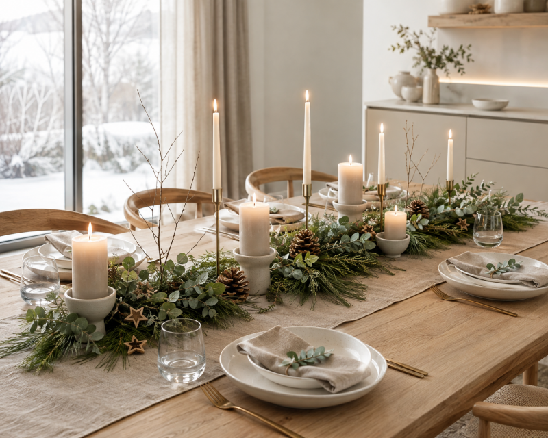 Winterlich gedeckter Holztisch mit beigefarbenem Leinen, cremefarbenen Kerzen, Tannengrün, Eukalyptus und Tannenzapfen