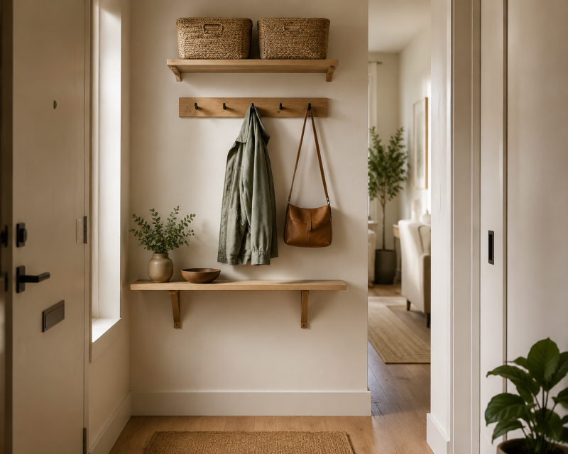Wandgarderobe mit Hakenleiste, schmalen Regalbrettern und Aufbewahrungskörben in einem kleinen Flur