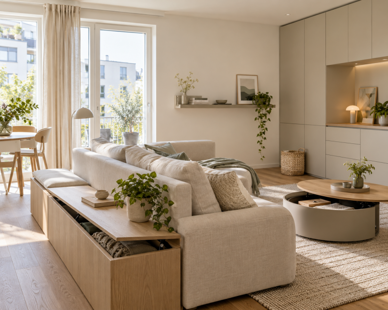 Helles modernes Wohnzimmer in einer kleinen Wohnung mit Stauraumbank hinter dem Sofa, Couchtisch mit Fach und deckenhohen Einbauschränken.