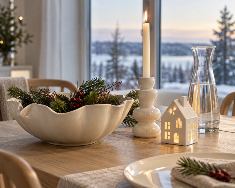 Weihnachtstisch mit besonderen Keramikstücken, leuchtendem Lichthaus, Kerzenhalter, Glaskaraffe, Tannengrün und Beeren vor einem winterlichen Fenster.
