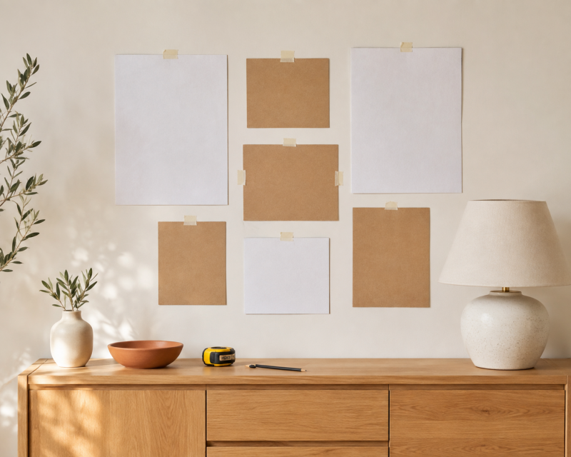 Bilderwand mit Papierschablonen, Maßband und gleichmäßigen Abständen planen