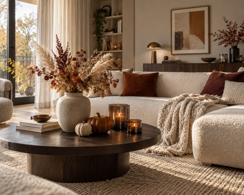 Modernes Wohnzimmer herbstlich dekoriert mit warmen Farben, Kissen, Decke und Kerzen