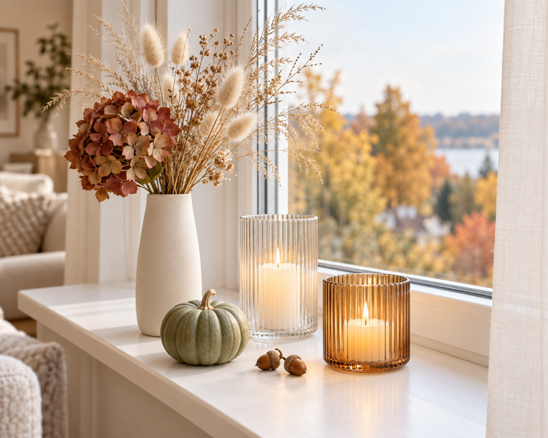 Herbstliche Fensterbank mit Trockenblumen, Gräsern und zwei warm leuchtenden LED-Windlichtern