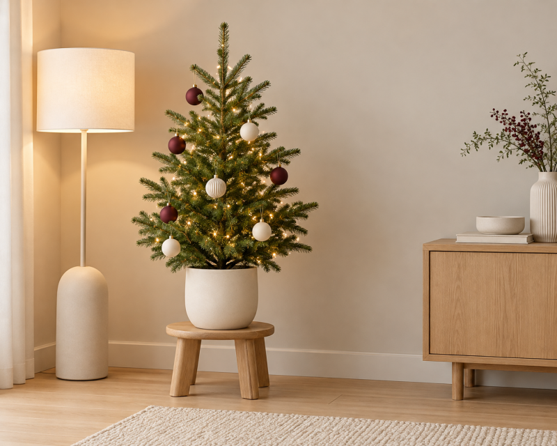 Kleiner Weihnachtsbaum im weißen Keramiktopf auf einem Hocker mit warmen Lichtern und Kugeln in Creme und Burgund.
