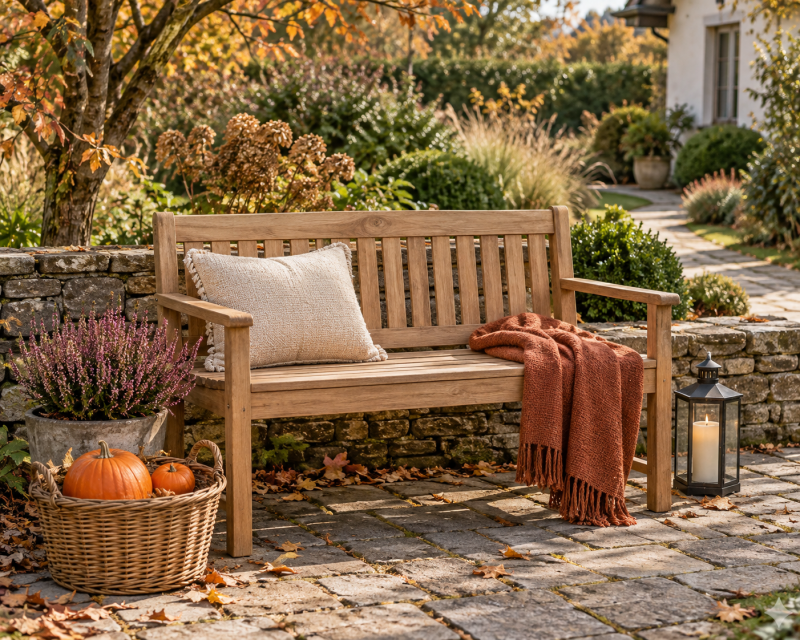 Gartenbank herbstlich dekorieren mit Kissen, Decke, Laterne und Kürbissen