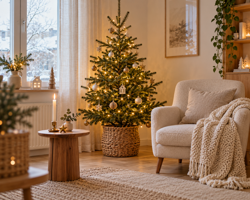 Kleines Wohnzimmer weihnachtlich dekoriert mit natürlichem Weihnachtsbaum im Korb, cremefarbenem Sessel, warmen Lichtern und heller Deko in Beige.