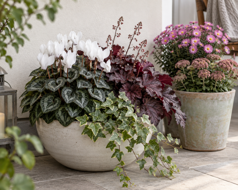 Herbstliche Pflanzgefäße mit weißen Alpenveilchen, Purpurglöckchen, Efeu, Astern und Fetthenne