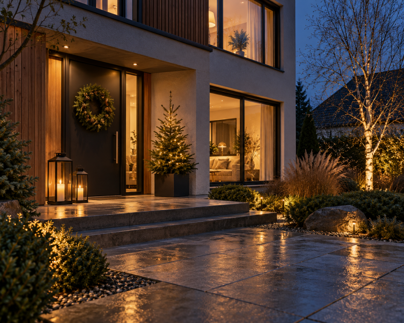 Modernes Haus zur Winterzeit mit warm beleuchteten Fenstern, Naturkranz an der Haustür, Laternen, kleinem Tannenbaum und dezent beleuchteter Birke im Vorgarten.