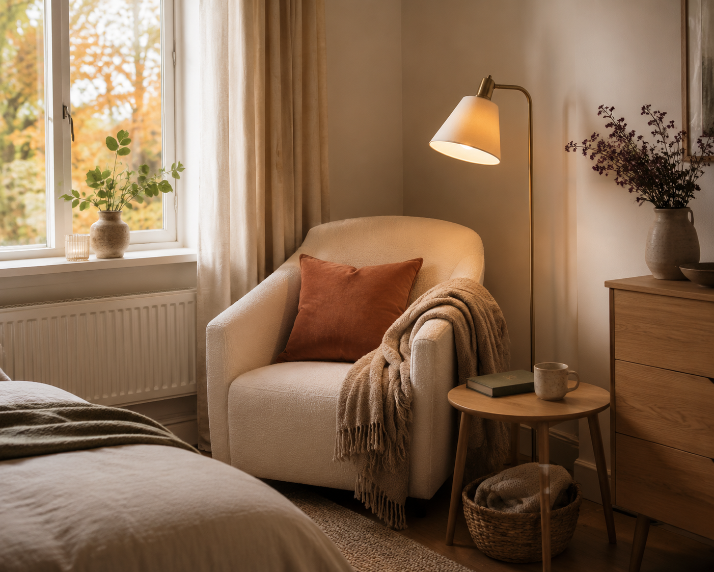 Kleine gemütliche Leseecke im Schlafzimmer für ruhige Herbstabende