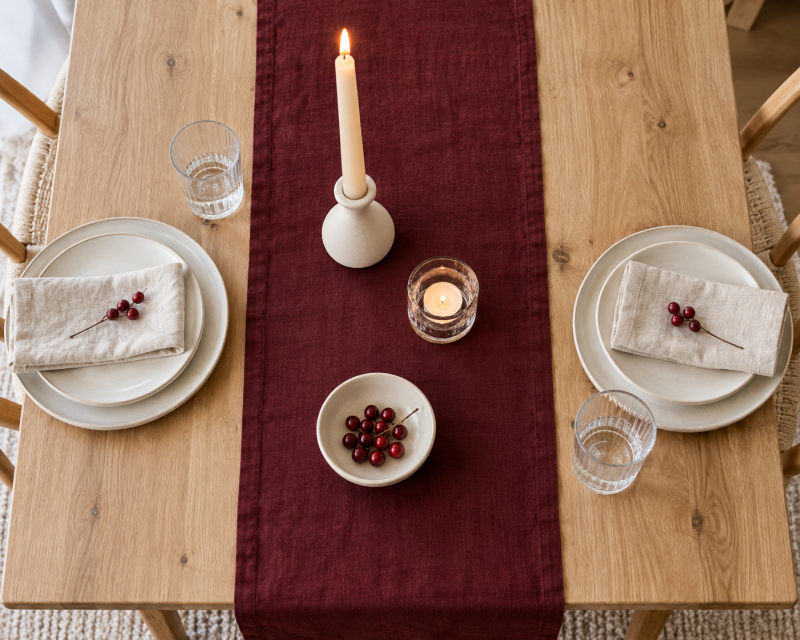 Weihnachtstisch mit bordeauxfarbenem Leinenläufer, cremefarbenem Geschirr, Kerzenlicht und wenigen Beeren als festliche Akzente.