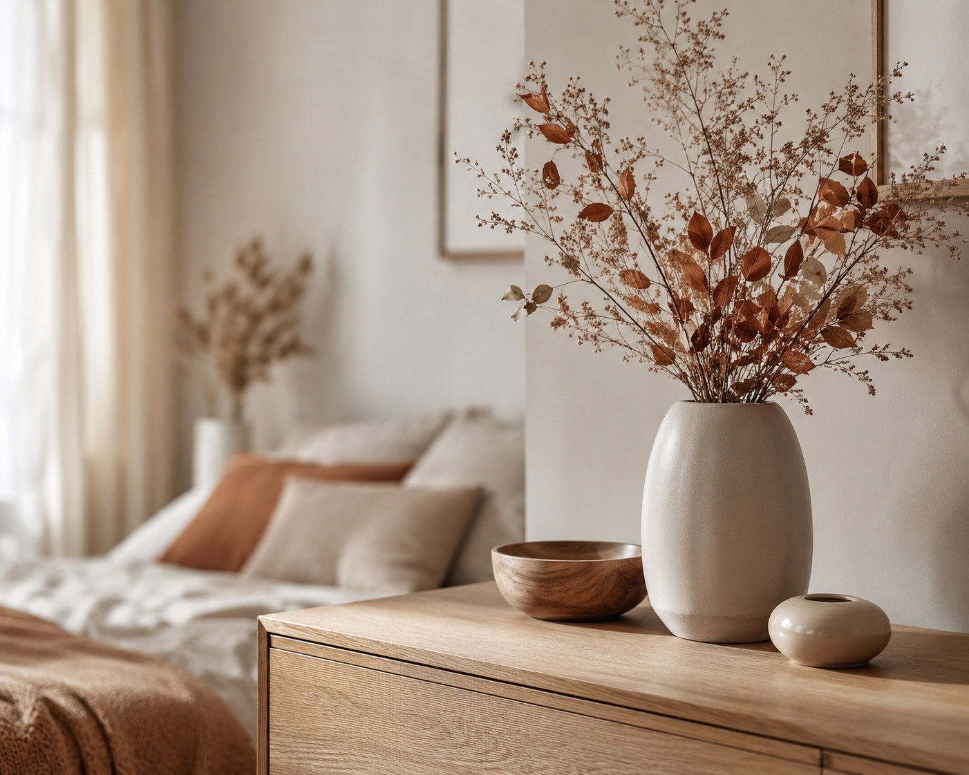 Natürliche Herbstdekoration aus Holz und getrockneten Zweigen im Schlafzimmer