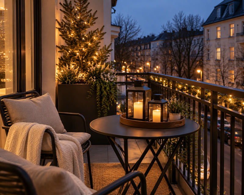 Kleiner moderner Balkon im Winter mit beleuchtetem Tannenbaum, warmweißer Lichterkette am Geländer, schwarzen Laternen und neutralen Kissen.