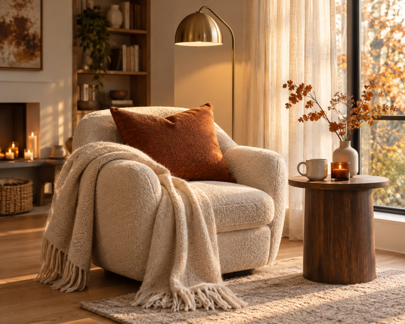 Gemütliche herbstliche Leseecke mit Sessel, Decke, Kissen und warmem Licht