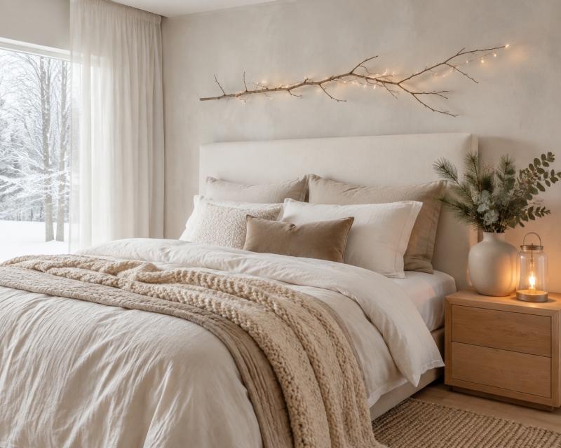 Helles Winter-Schlafzimmer mit Bettwäsche, Kissen und Strickdecken in Beige und Creme sowie Tannenzweigen und warmer Lichterkette