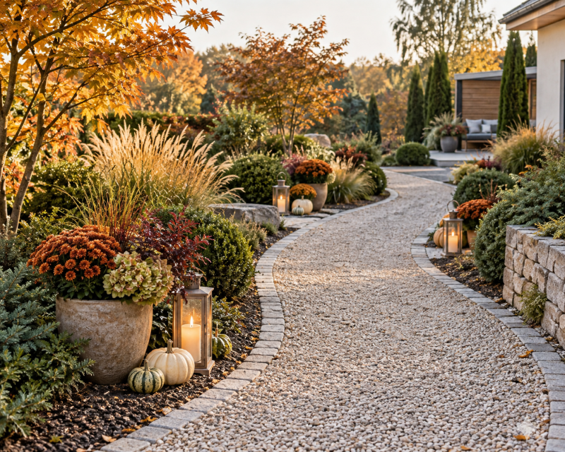 Gartenweg im Herbst mit Laternen, Pflanzkübeln und Kürbissen dekorieren