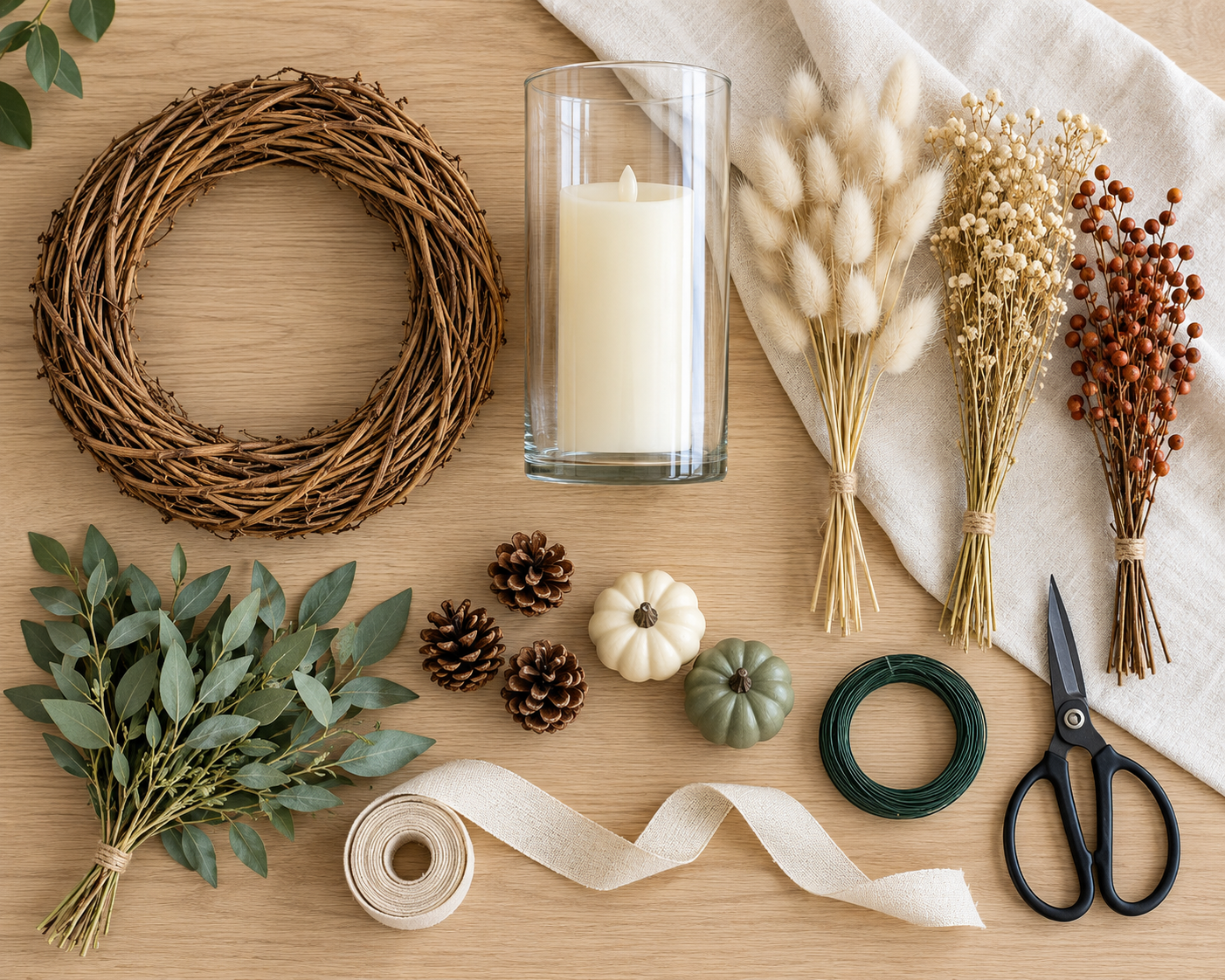 Materialien für einen Herbstkranz mit Kerzenglas, Weidenkranz, Trockenblumen, Zweigen und Dekoelementen