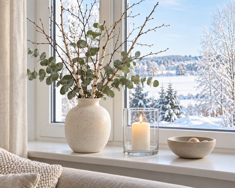 Neutrale Winterfensterbank mit großer Keramikvase, Birkenzweigen und Eukalyptus, Glaszylinder mit Kerze und Steinschale vor verschneiter Landschaft.