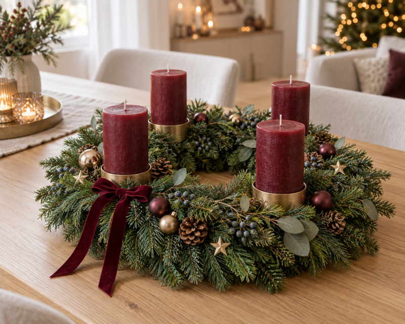 Moderner Adventskranz in Burgunderrot und Gold mit Tannengrün, Samtband und vier Stumpenkerzen