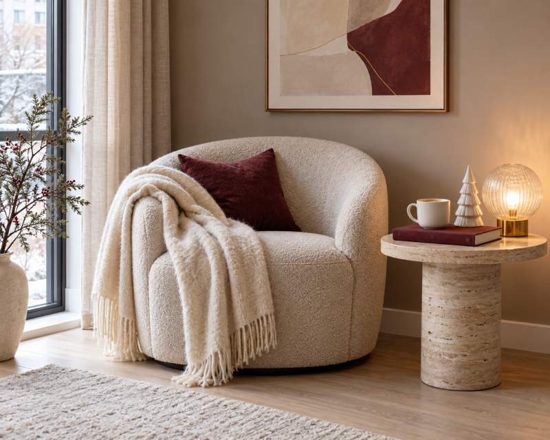 Gemütliche Leseecke mit hellem Sessel, Kuscheldecke, Kissen in Burgund, Kaffee, Leuchtobjekt und kleinem Keramikbaum.