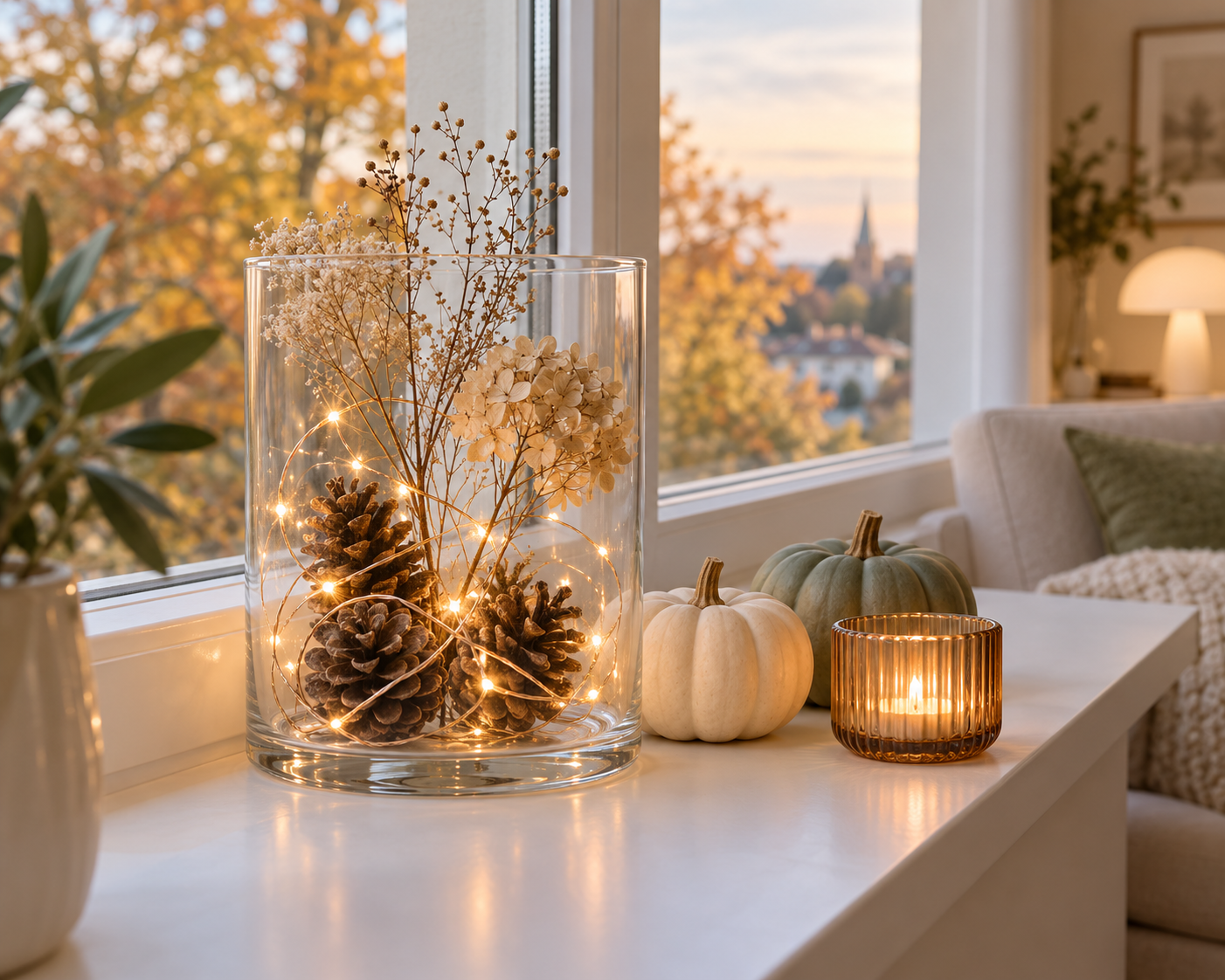 Warmweiße Lichterkette im Glas mit Zapfen, Trockenblumen und kleinen Kürbissen auf der Fensterbank
