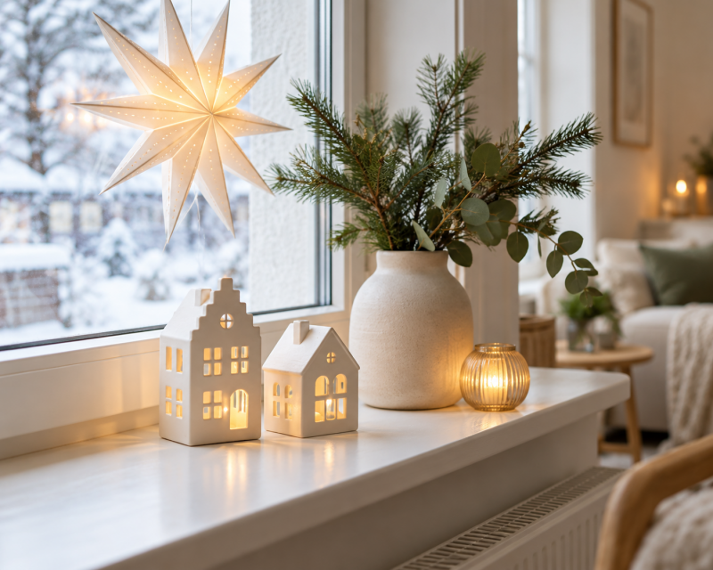 Helle Fensterbank mit Papierstern, zwei weißen Lichthäusern, Tannen- und Eukalyptuszweigen sowie warmem Licht in einem kleinen Wohnzimmer.