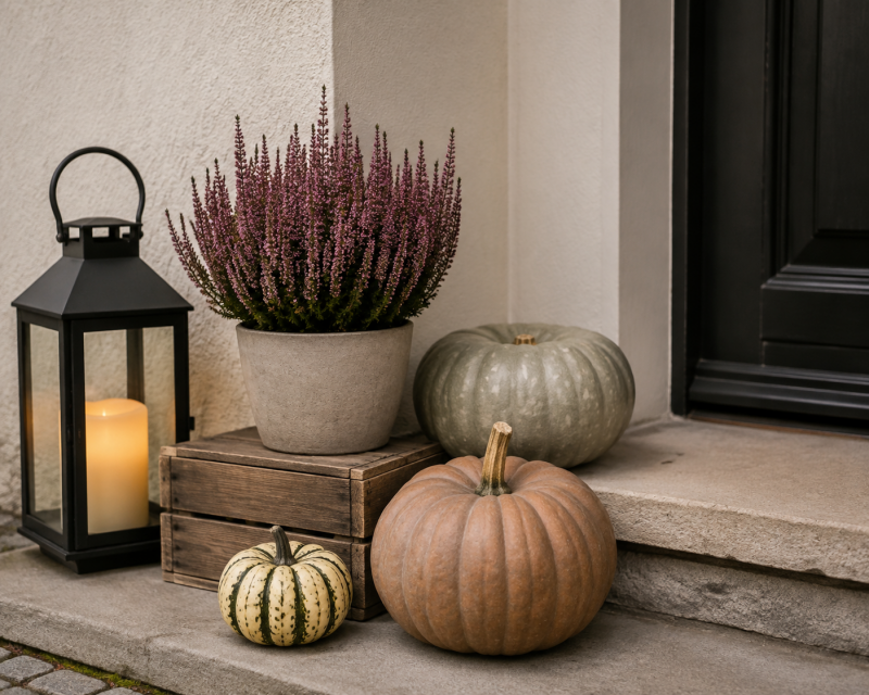 Herbstdekoration mit verschiedenfarbigen Kürbissen, Heidekraut und schwarzer Laterne vor der Haustür